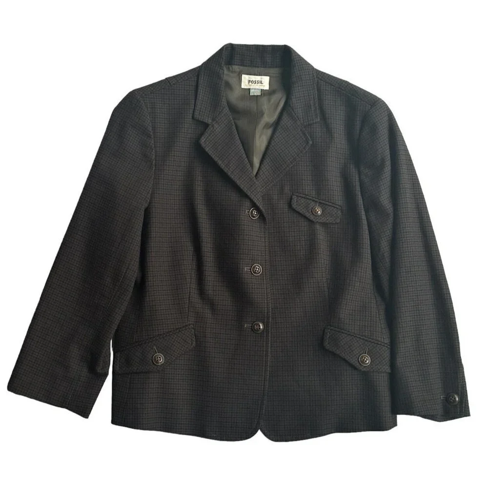 Fossil Blazer Jacket Women's Size 6 Brown‎ Plaid Lined Equestrian Button Pockets